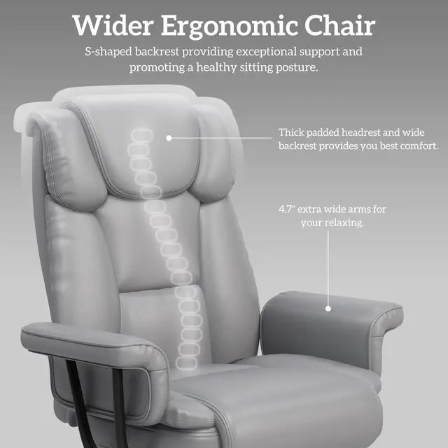 Alt view image 6 of 7 - 160 Reclining Office Chair with Footrest, Big & Tall Desk Chair, Grey | Cross Legged Seat, High Back, Faux Leather, Heavy Duty Base, Adjustable Height, for Home, Executive