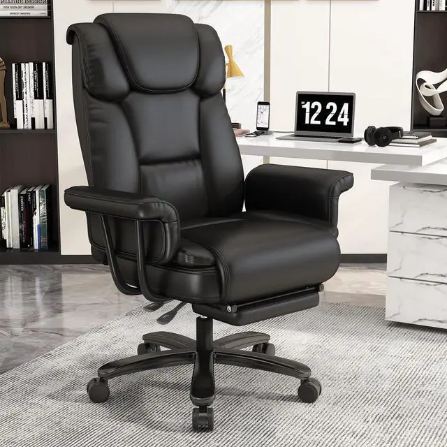 Main image of 160 Reclining Office Chair with Footrest, Big & Tall Desk Chair, Black | Cross Legged Seat, High Back, Faux Leather, Heavy Duty Base, Adjustable Height, for Home, Executive