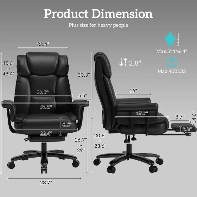 Alt view image 2 of 7 - 160 Reclining Office Chair with Footrest, Big & Tall Desk Chair, Black | Cross Legged Seat, High Back, Faux Leather, Heavy Duty Base, Adjustable Height, for Home, Executive