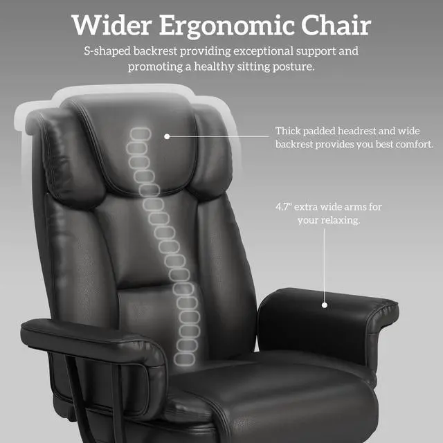 Alt view image 4 of 7 - 160 Reclining Office Chair with Footrest, Big & Tall Desk Chair, Black | Cross Legged Seat, High Back, Faux Leather, Heavy Duty Base, Adjustable Height, for Home, Executive