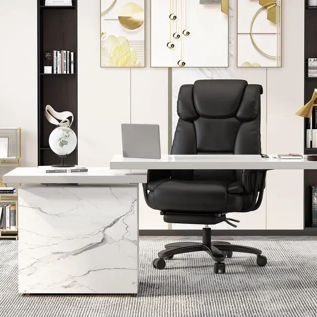 Alt view image 3 of 7 - 160 Reclining Office Chair with Footrest, Big & Tall Desk Chair, Black | Cross Legged Seat, High Back, Faux Leather, Heavy Duty Base, Adjustable Height, for Home, Executive