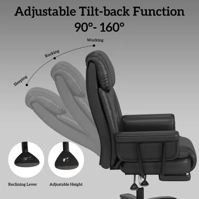 Alt view image 5 of 7 - 160 Reclining Office Chair with Footrest, Big & Tall Desk Chair, Black | Cross Legged Seat, High Back, Faux Leather, Heavy Duty Base, Adjustable Height, for Home, Executive