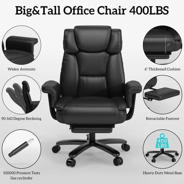 Alt view image 7 of 7 - 160 Reclining Office Chair with Footrest, Big & Tall Desk Chair, Black | Cross Legged Seat, High Back, Faux Leather, Heavy Duty Base, Adjustable Height, for Home, Executive