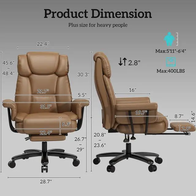 Alt view image 2 of 7 - 160 Reclining Office Chair with Footrest, Big & Tall Desk Chair, Brown | Cross Legged Seat, High Back, Faux Leather, Heavy Duty Base, Adjustable Height, for Home, Executive