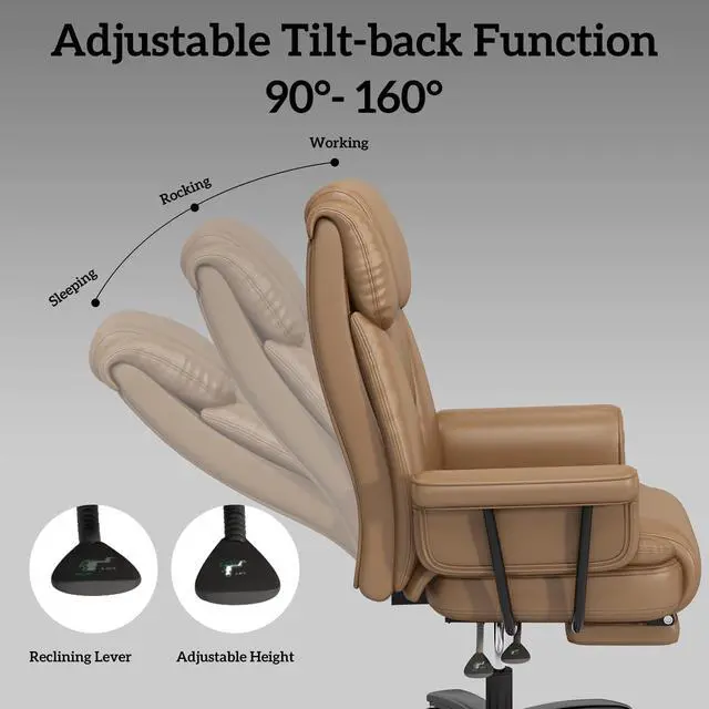 Alt view image 4 of 7 - 160 Reclining Office Chair with Footrest, Big & Tall Desk Chair, Brown | Cross Legged Seat, High Back, Faux Leather, Heavy Duty Base, Adjustable Height, for Home, Executive