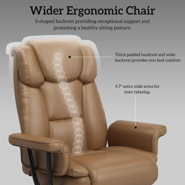Alt view image 5 of 7 - 160 Reclining Office Chair with Footrest, Big & Tall Desk Chair, Brown | Cross Legged Seat, High Back, Faux Leather, Heavy Duty Base, Adjustable Height, for Home, Executive