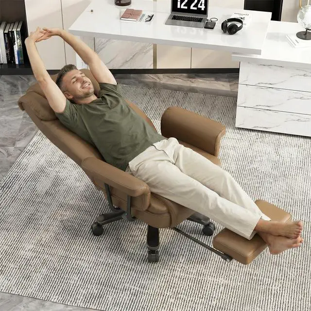 Alt view image 3 of 7 - 160 Reclining Office Chair with Footrest, Big & Tall Desk Chair, Brown | Cross Legged Seat, High Back, Faux Leather, Heavy Duty Base, Adjustable Height, for Home, Executive