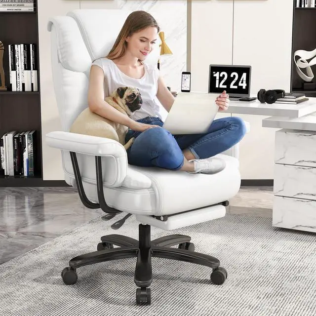 Main image of 160 Reclining Office Chair with Footrest, Big & Tall Desk Chair, White | Cross Legged Seat, High Back, Faux Leather, Heavy Duty Base, Adjustable Height, for Home, Executive