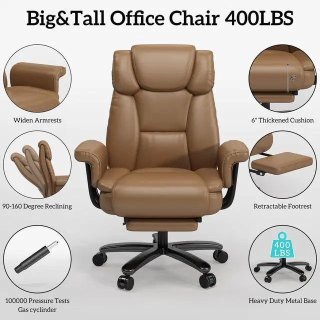 Alt view image 7 of 7 - 160 Reclining Office Chair with Footrest, Big & Tall Desk Chair, Brown | Cross Legged Seat, High Back, Faux Leather, Heavy Duty Base, Adjustable Height, for Home, Executive