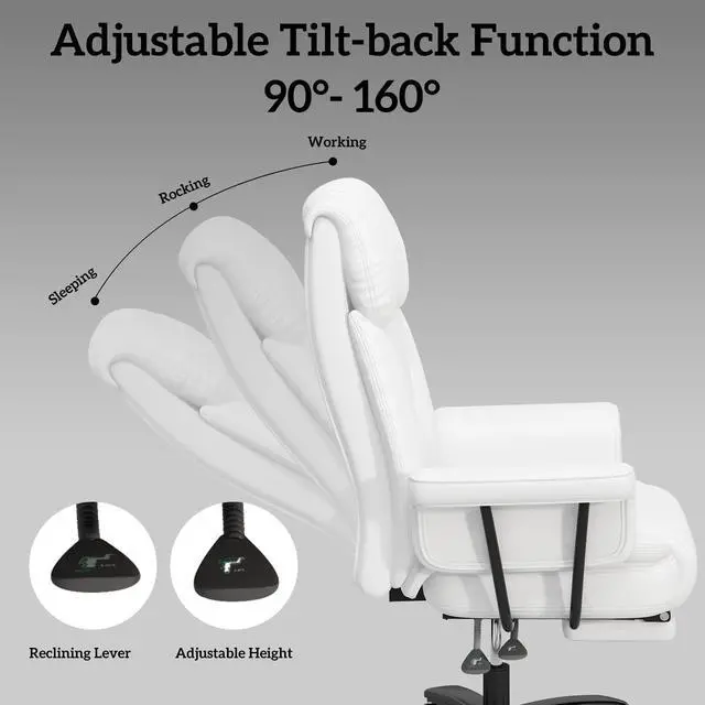 Alt view image 4 of 7 - 160 Reclining Office Chair with Footrest, Big & Tall Desk Chair, White | Cross Legged Seat, High Back, Faux Leather, Heavy Duty Base, Adjustable Height, for Home, Executive