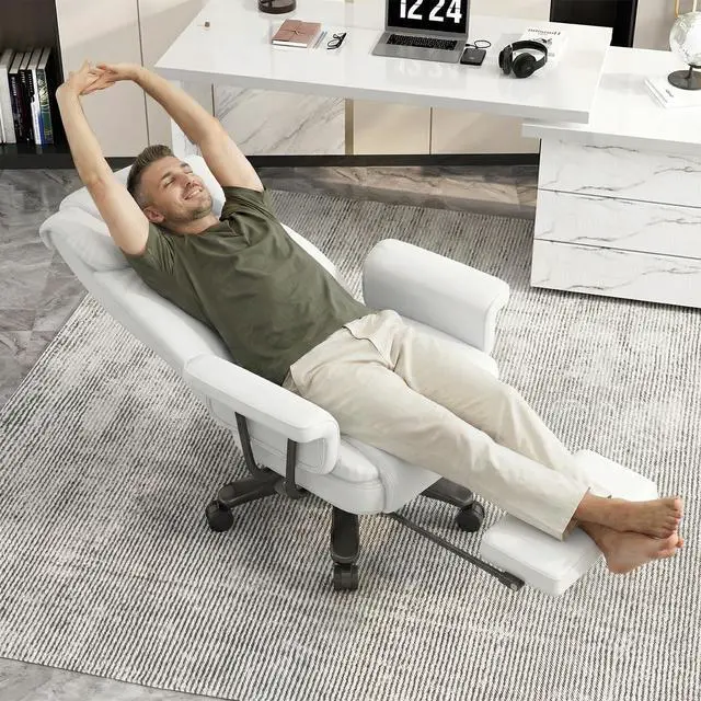 Alt view image 3 of 7 - 160 Reclining Office Chair with Footrest, Big & Tall Desk Chair, White | Cross Legged Seat, High Back, Faux Leather, Heavy Duty Base, Adjustable Height, for Home, Executive