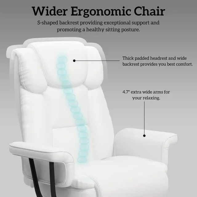 Alt view image 5 of 7 - 160 Reclining Office Chair with Footrest, Big & Tall Desk Chair, White | Cross Legged Seat, High Back, Faux Leather, Heavy Duty Base, Adjustable Height, for Home, Executive