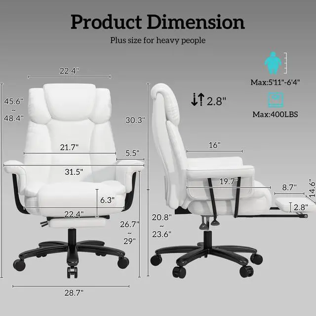 Alt view image 2 of 7 - 160 Reclining Office Chair with Footrest, Big & Tall Desk Chair, White | Cross Legged Seat, High Back, Faux Leather, Heavy Duty Base, Adjustable Height, for Home, Executive