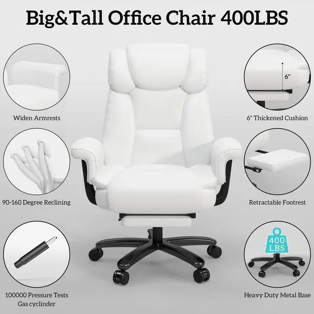 Alt view image 7 of 7 - 160 Reclining Office Chair with Footrest, Big & Tall Desk Chair, White | Cross Legged Seat, High Back, Faux Leather, Heavy Duty Base, Adjustable Height, for Home, Executive