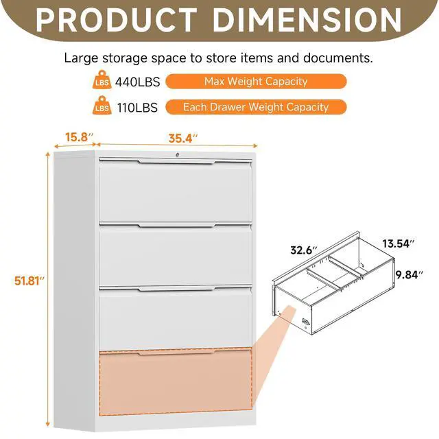 Alt view image 3 of 7 - Metal File Cabinet with Lock, 4 Drawer Lateral File Cabinet | Lockable Lateral Filing Cabinet for A4/F4/Lagel/Letter Assembly required