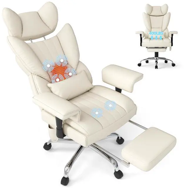 Main image of 6 Points Massage Heated Home Office Chair with Foot Rest, Beige | 400LBS Executive Office Chair with Adjustable Headrest, Armrest and Lumbar Pillow, Comfortable PU Leather Desk Chair
