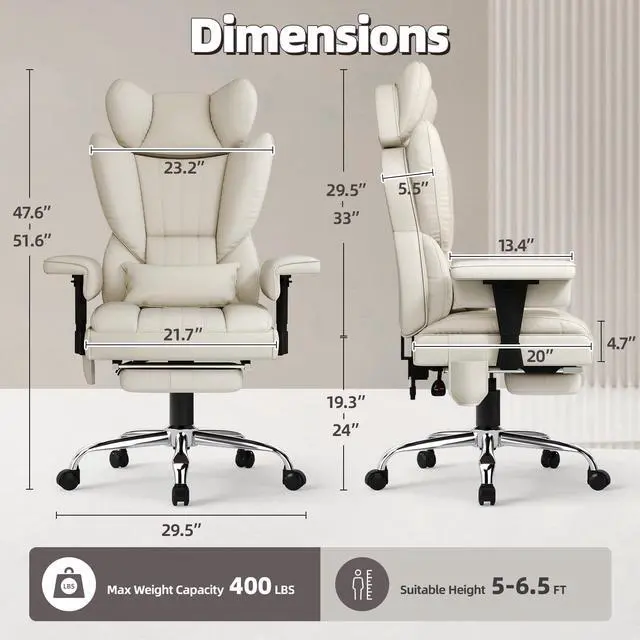 Alt view image 3 of 7 - 6 Points Massage Heated Home Office Chair with Foot Rest, Beige | 400LBS Executive Office Chair with Adjustable Headrest, Armrest and Lumbar Pillow, Comfortable PU Leather Desk Chair
