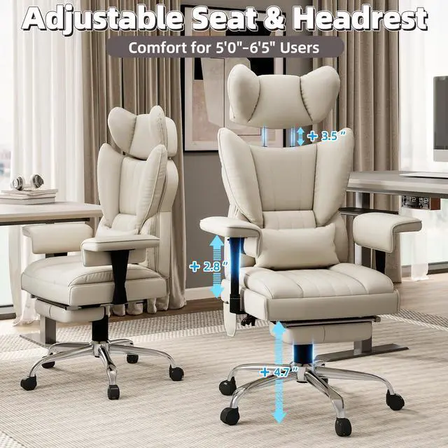 Alt view image 4 of 7 - 6 Points Massage Heated Home Office Chair with Foot Rest, Beige | 400LBS Executive Office Chair with Adjustable Headrest, Armrest and Lumbar Pillow, Comfortable PU Leather Desk Chair