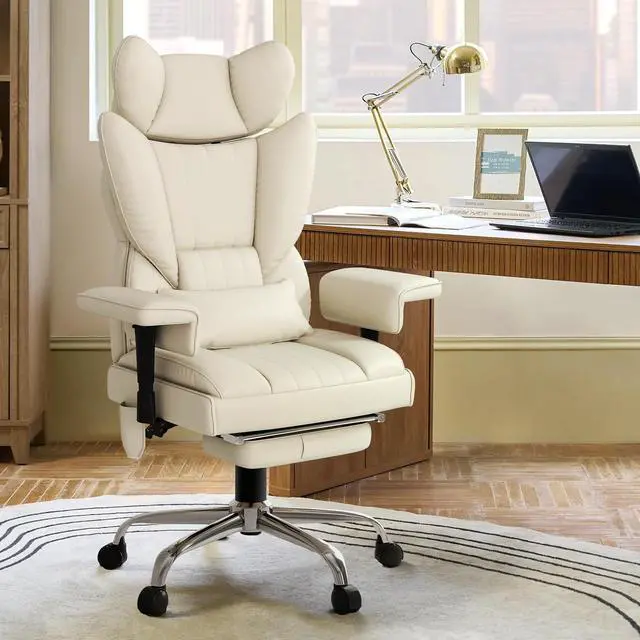 Alt view image 2 of 7 - 6 Points Massage Heated Home Office Chair with Foot Rest, Beige | 400LBS Executive Office Chair with Adjustable Headrest, Armrest and Lumbar Pillow, Comfortable PU Leather Desk Chair