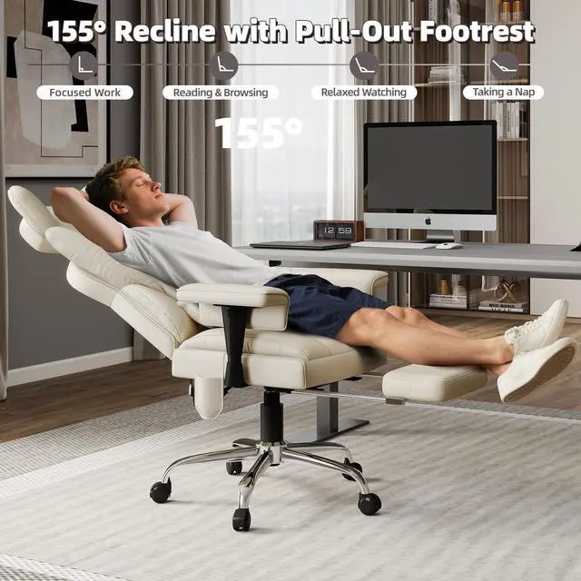 Alt view image 5 of 7 - 6 Points Massage Heated Home Office Chair with Foot Rest, Beige | 400LBS Executive Office Chair with Adjustable Headrest, Armrest and Lumbar Pillow, Comfortable PU Leather Desk Chair