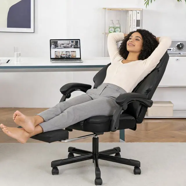 Alt view image 2 of 7 - Massage Office Chair with Footrest, Heated Reclining Office Chair for Heavy People 400 lbs,High Back Executive Leather Home Desk Chair 6 Vibration Points,Ergonomic Managerial Chair, Black