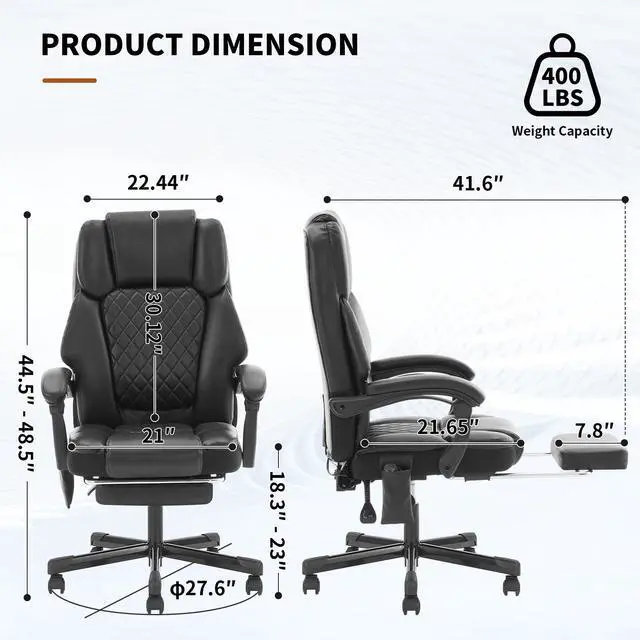 Alt view image 3 of 7 - Massage Office Chair with Footrest, Heated Reclining Office Chair for Heavy People 400 lbs,High Back Executive Leather Home Desk Chair 6 Vibration Points,Ergonomic Managerial Chair, Black