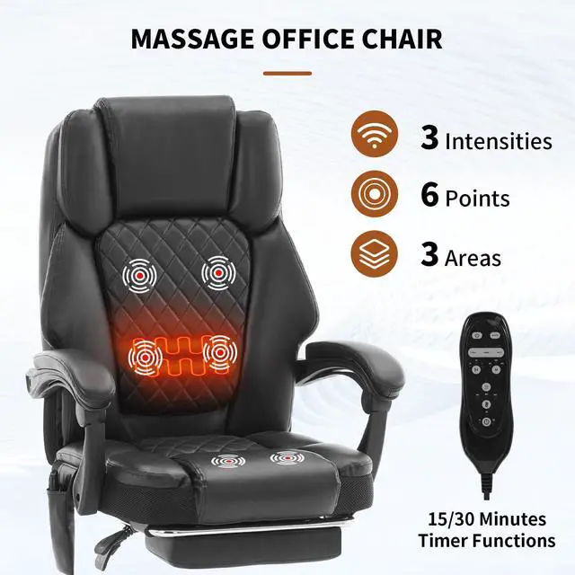 Alt view image 4 of 7 - Massage Office Chair with Footrest, Heated Reclining Office Chair for Heavy People 400 lbs,High Back Executive Leather Home Desk Chair 6 Vibration Points,Ergonomic Managerial Chair, Black