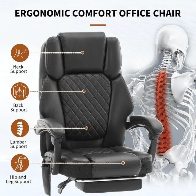 Alt view image 6 of 7 - Massage Office Chair with Footrest, Heated Reclining Office Chair for Heavy People 400 lbs,High Back Executive Leather Home Desk Chair 6 Vibration Points,Ergonomic Managerial Chair, Black