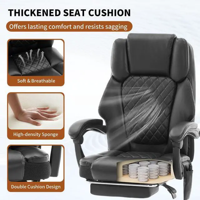 Alt view image 7 of 7 - Massage Office Chair with Footrest, Heated Reclining Office Chair for Heavy People 400 lbs,High Back Executive Leather Home Desk Chair 6 Vibration Points,Ergonomic Managerial Chair, Black
