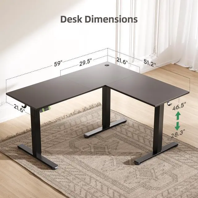 Alt view image 3 of 7 - Electric L-Shaped Standing Desk with Dual Motors, 59Inch Black | Height 28.3"-47.2" Adjustable, 176lbs Capacity, Sturdy Steel Frame, Splice Board included, Ideal for Home Office Corner