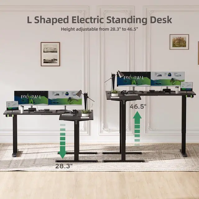 Alt view image 4 of 7 - Electric L-Shaped Standing Desk with Dual Motors, 59Inch Black | Height 28.3"-47.2" Adjustable, 176lbs Capacity, Sturdy Steel Frame, Splice Board included, Ideal for Home Office Corner