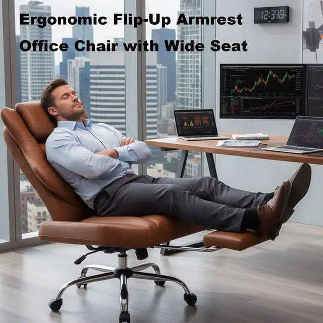 Alt view image 3 of 7 - Kneading Massage Office Chair Flip-up Armrest for Home/Office | Brown Leather,Footrest,Criss Cross,Swivel,Ergonomic,Lumbar Support, Adjustable Big and Tall Executive Desk Chair Gaming