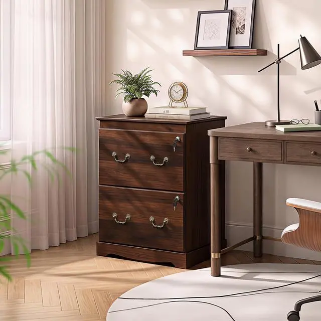 Alt view image 2 of 7 - 2 Drawer File Cabinet with Lock, Lateral File Cabinet, Brown Oak | Wood Filing Cabinet for Home Office Fits A4/Letter/Legal Files. Sturdy Printer Stand with Office Storage, Under Desk Cabinet