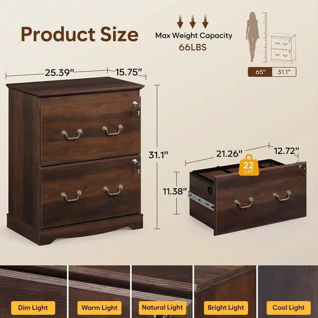 Alt view image 3 of 7 - 2 Drawer File Cabinet with Lock, Lateral File Cabinet, Brown Oak | Wood Filing Cabinet for Home Office Fits A4/Letter/Legal Files. Sturdy Printer Stand with Office Storage, Under Desk Cabinet