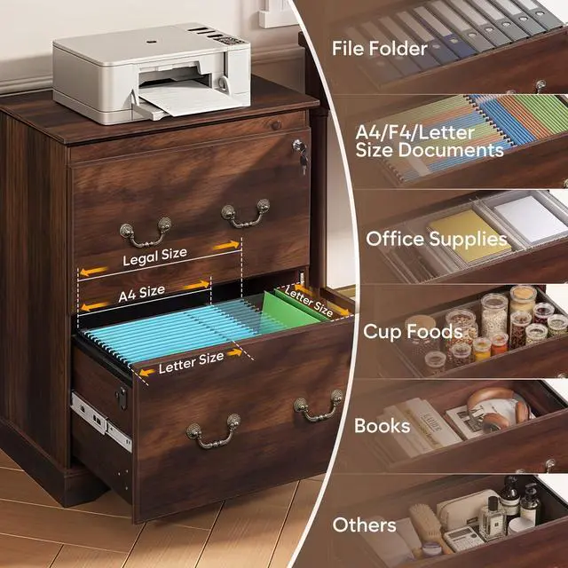 Alt view image 4 of 7 - 2 Drawer File Cabinet with Lock, Lateral File Cabinet, Brown Oak | Wood Filing Cabinet for Home Office Fits A4/Letter/Legal Files. Sturdy Printer Stand with Office Storage, Under Desk Cabinet