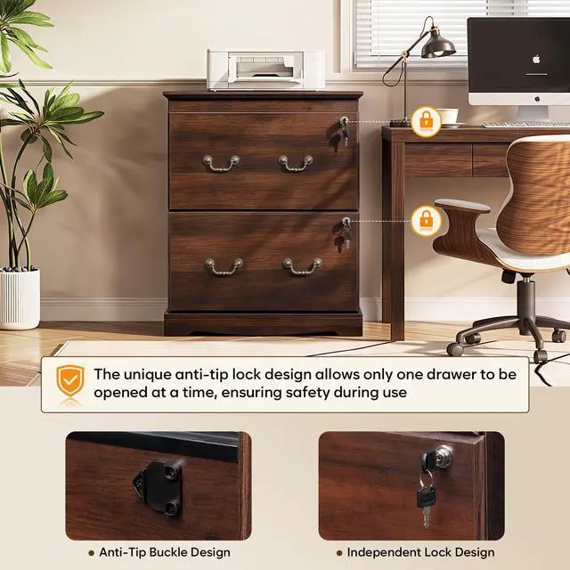 Alt view image 5 of 7 - 2 Drawer File Cabinet with Lock, Lateral File Cabinet, Brown Oak | Wood Filing Cabinet for Home Office Fits A4/Letter/Legal Files. Sturdy Printer Stand with Office Storage, Under Desk Cabinet