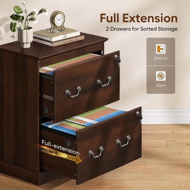 Alt view image 6 of 7 - 2 Drawer File Cabinet with Lock, Lateral File Cabinet, Brown Oak | Wood Filing Cabinet for Home Office Fits A4/Letter/Legal Files. Sturdy Printer Stand with Office Storage, Under Desk Cabinet