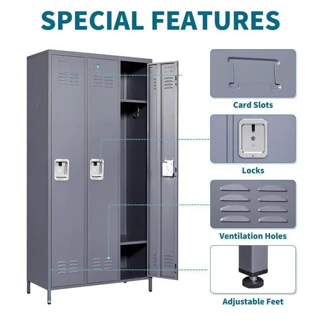 Alt view image 3 of 7 - 72" Height Metal Lockers for Employees with 3 Door,Heavy Duty | Steel Storage Locker with Card Slot for Home Office School Gym Garage,Locker with Lock for Sports,Employees,Assembly Required