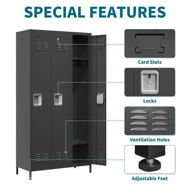 Alt view image 3 of 6 - 72" Height Metal Lockers for Employees with 3 Door,Heavy Duty | Steel Storage Locker with Card Slot for Home Office School Gym Garage,Locker with Lock for Sports,Employees,Assembly Required