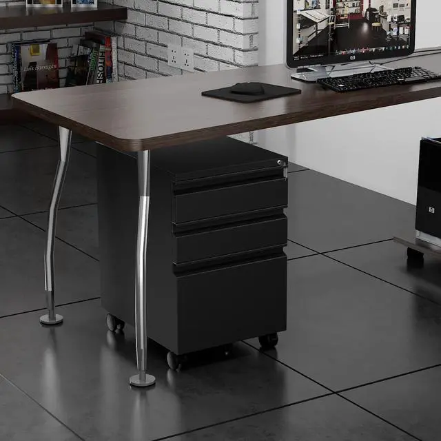 Alt view image 2 of 7 - 3 Drawer File Cabinet with Wheels, Metal Filing Cabinet with Lock, Office Rolling File Cabinets for A4/Legal/Letter Size, Assembly Required, Black