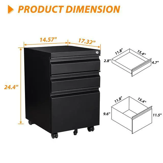 Alt view image 3 of 7 - 3 Drawer File Cabinet with Wheels, Metal Filing Cabinet with Lock, Office Rolling File Cabinets for A4/Legal/Letter Size, Assembly Required, Black