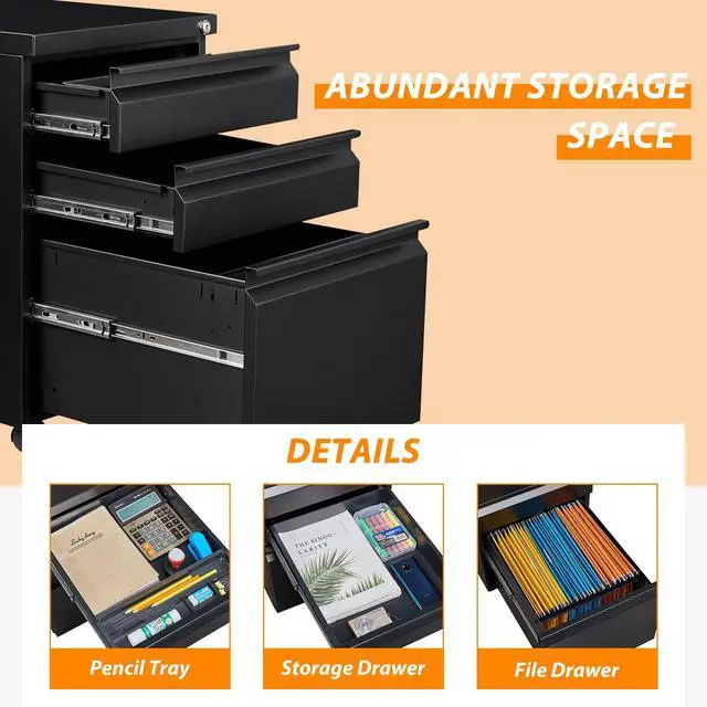 Alt view image 5 of 7 - 3 Drawer File Cabinet with Wheels, Metal Filing Cabinet with Lock, Office Rolling File Cabinets for A4/Legal/Letter Size, Assembly Required, Black