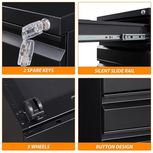 Alt view image 6 of 7 - 3 Drawer File Cabinet with Wheels, Metal Filing Cabinet with Lock, Office Rolling File Cabinets for A4/Legal/Letter Size, Assembly Required, Black