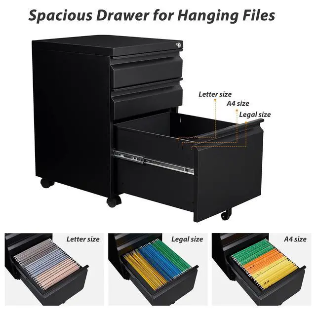 Alt view image 7 of 7 - 3 Drawer File Cabinet with Wheels, Metal Filing Cabinet with Lock, Office Rolling File Cabinets for A4/Legal/Letter Size, Assembly Required, Black