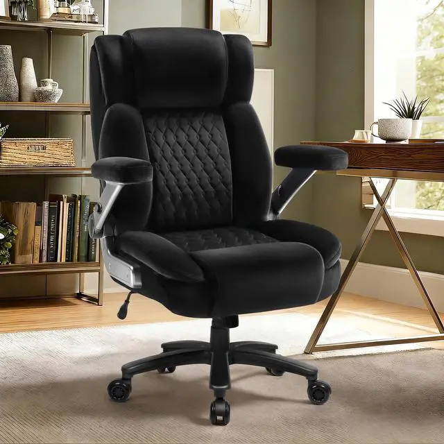 Alt view image 2 of 7 - Big and Tall Office Chair 600lbs with 5D Flip Arms, Heavy Duty Executive Office Chairs, Ergonomic Desk Chair with Adjustable Lumbar Support & Rubber Wheels, Velvet Fabric, Black