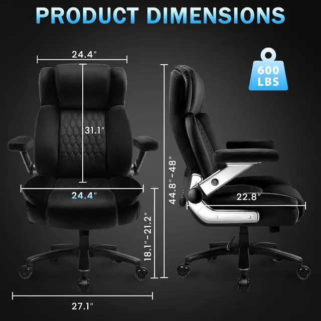 Alt view image 3 of 7 - Big and Tall Office Chair 600lbs with 5D Flip Arms, Heavy Duty Executive Office Chairs, Ergonomic Desk Chair with Adjustable Lumbar Support & Rubber Wheels, Velvet Fabric, Black