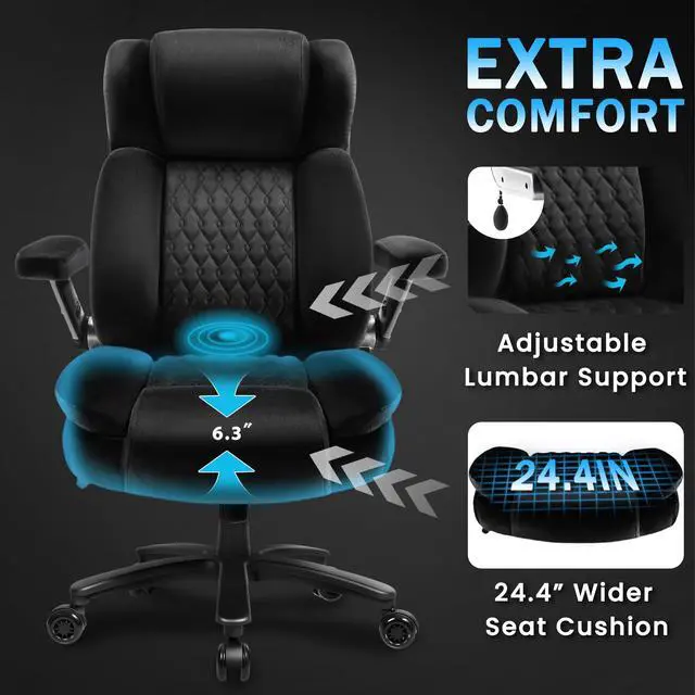 Alt view image 5 of 7 - Big and Tall Office Chair 600lbs with 5D Flip Arms, Heavy Duty Executive Office Chairs, Ergonomic Desk Chair with Adjustable Lumbar Support & Rubber Wheels, Velvet Fabric, Black