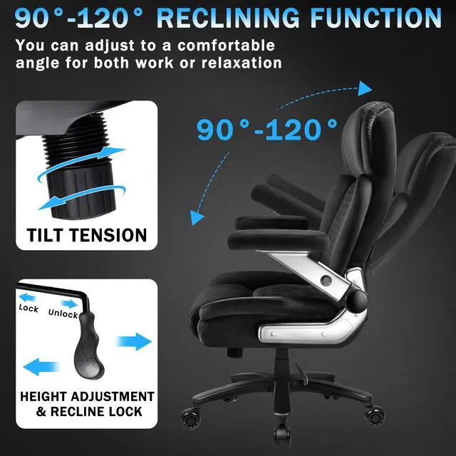 Alt view image 6 of 7 - Big and Tall Office Chair 600lbs with 5D Flip Arms, Heavy Duty Executive Office Chairs, Ergonomic Desk Chair with Adjustable Lumbar Support & Rubber Wheels, Velvet Fabric, Black