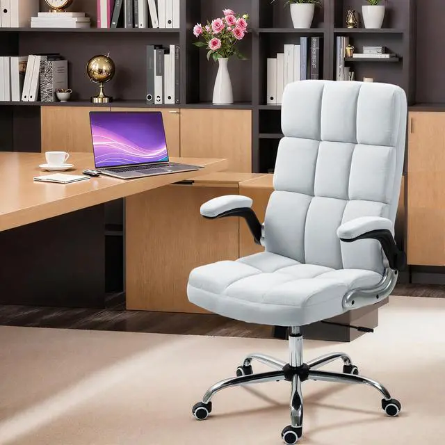 Alt view image 2 of 7 - Executive Office Chair, Velvet Desk Chair, Grey, Without Footrest | High Back Computer Chair with Adjustable Tilt Angle and Flip-up Arms,Without Footrest