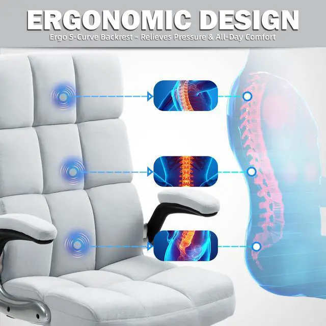 Alt view image 4 of 7 - Executive Office Chair, Velvet Desk Chair, Grey, Without Footrest | High Back Computer Chair with Adjustable Tilt Angle and Flip-up Arms,Without Footrest